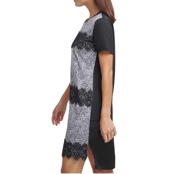 DKNY WOMAN’S IVY LACE FRINGED PULL OVER STYLE  BLACK SHORT SLEEVE DRESS SZ XS - Picture 3 of 12